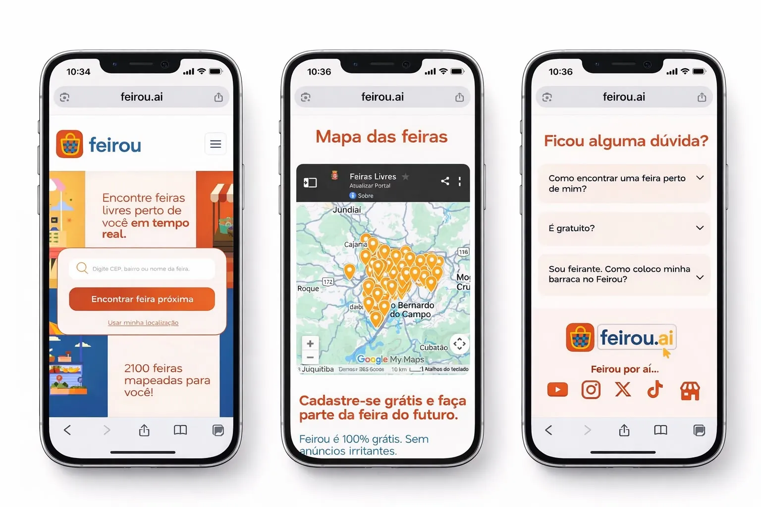 Plataforma Feirou.ai em três telas de celular: busca de feiras próximas, mapa das feiras e perguntas frequentes
